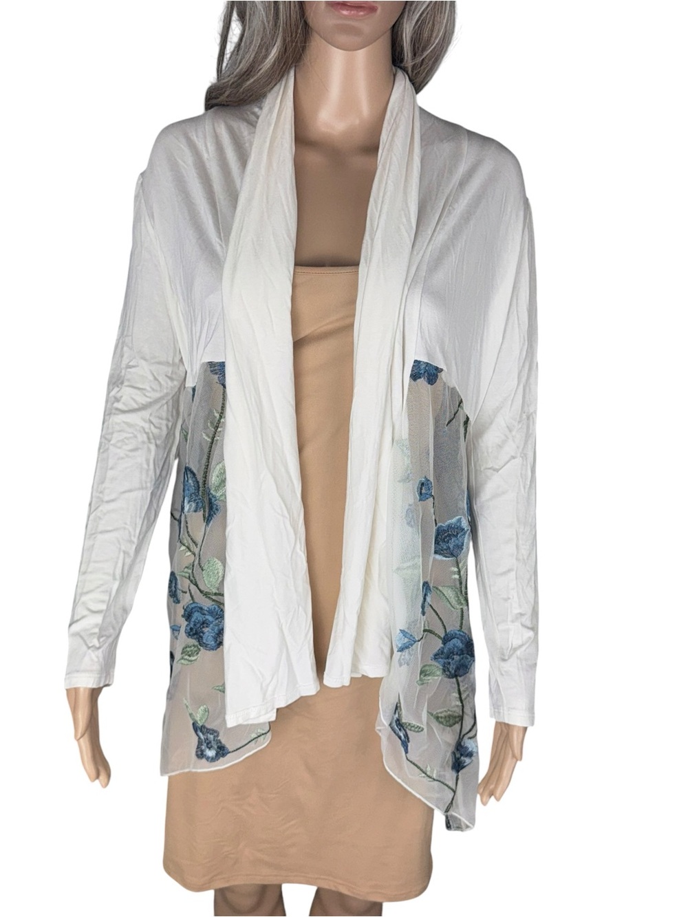 Cha Cha Vente Floral Embroidered Mesh Duster Cardigan White Blue Sheer M